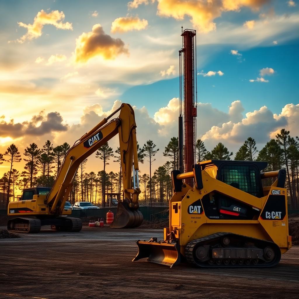 Yellow excavator and skid steer on a Florida job site at golden hour